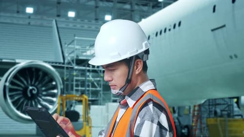 Close Up Side View Of Asian Male Engineer Working On A Tablet While Aircraft Maintenance