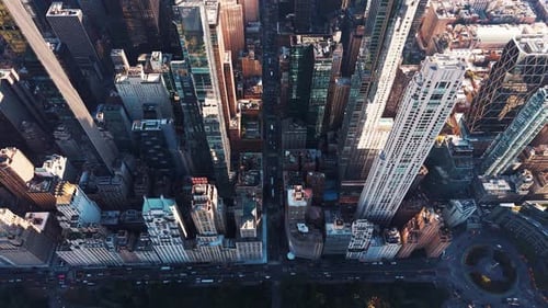 High Angle Aerial View of Manhattan Skyscrapers and Street Grid