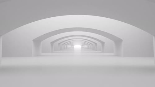 White and long corridor of arches. Tunnel traffic in fog.