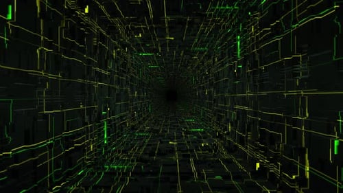 Futuristic background with flying through abstract technology tunnel with glowing neon pattern