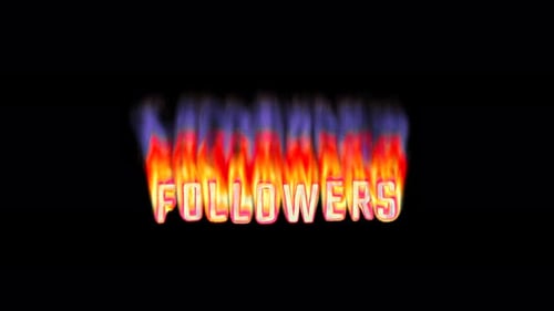 Followers - Burning text in pixelated retro-styled fire. Loop 3d animation on alpha.