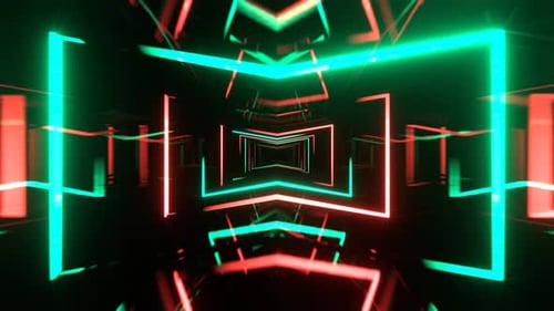 Turquoise And Light Red Neon Corridor With Glowing Frames Background Vj Loop I 4K