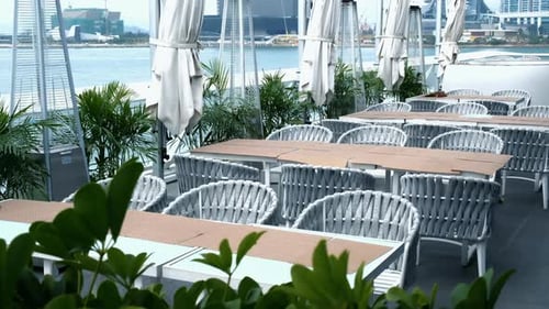 Empty tables and chairs in the restaurant. Restaurants are closed due to covid-19 epidemic.