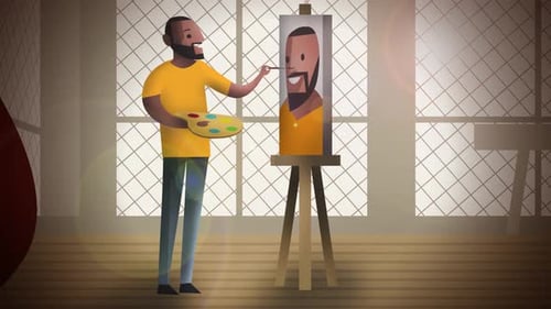 african painter creating an oil portrait in studio