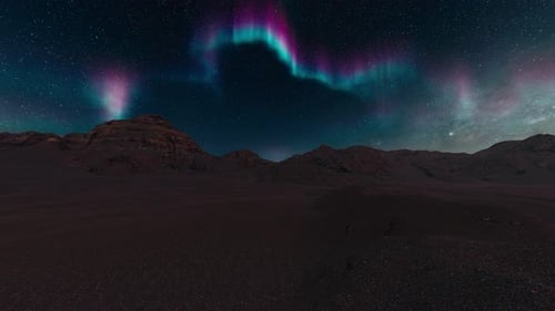 Aerial View of Desert Under Aurora Borealis