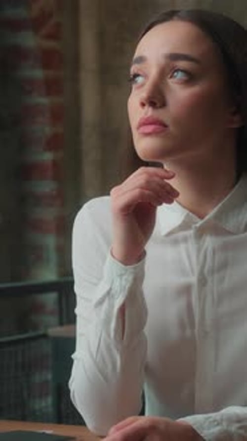 Pensive Sad Caucasian Business Woman in Office at Table Thinking Worried Caucasian Girl Female