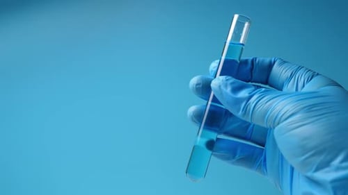 Gloved Hand Holding Blue Liquid in Test Tube