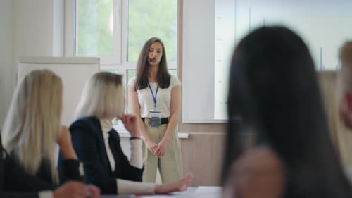 Financial Analyst Woman is Speaking in Business Meeting with Colleagues or Partners