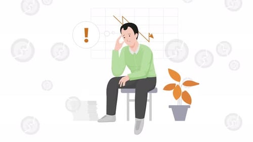 man sitting worried with chart going down in the background, economic crisis, loss of savings 4k