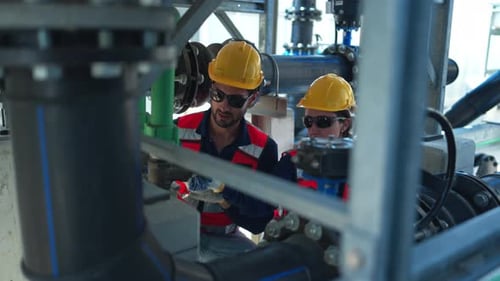 Beide Ingenieure inspizieren industrielle Rohrleitungs- und Ventilsysteme auf einem Gebäudedach
