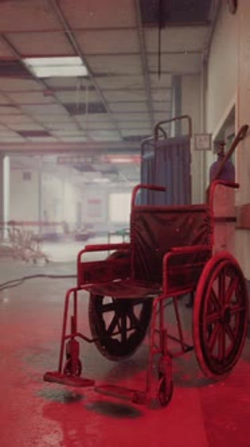 Forgotten Wheelchair in an Abandoned Hospital Corridor Evokes Haunting Memories