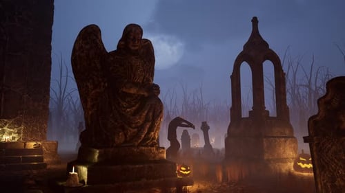 Halloween Horror Night: Corpse Wandering Around the Cemetery Under Full Moon