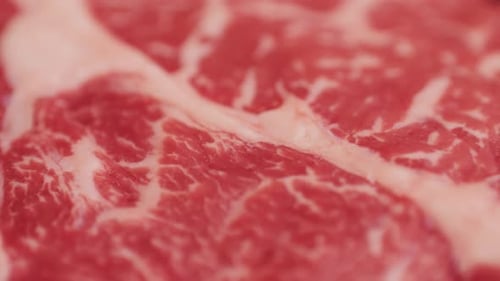 Frisches marmoriertes Rindfleisch mit Pfeffer, Salz und Rosmarin, Nahaufnahme, um saftiges Steak darauf zuzubereiten