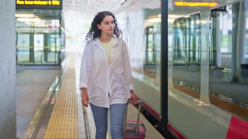 Woman Passenger Walking at the Station After Getting Off the Train