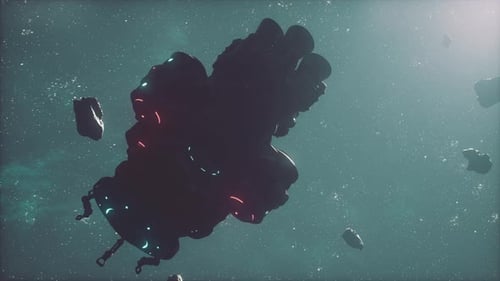 Animated Futuristic Space Scene with Asteroids and Glowing Ship