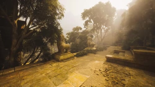 Un parcours en terrasse calme ombragé par des personnages et un éclairage doux créent une atmosphère