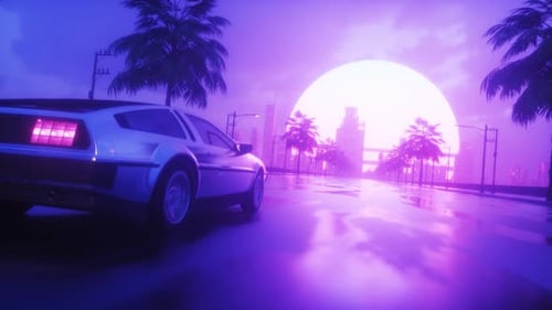 Car Riding On Endless Road With Cityscape View Synth Wave Loop