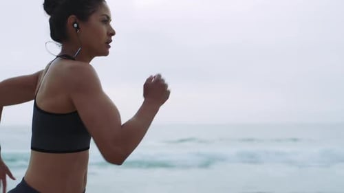 Woman, running and beach music at sunset with earphones for athlete marathon training in Brazil