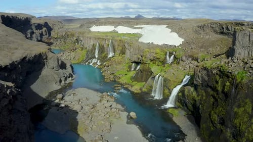 Aerial view of waterfall and river with cliffs, Iceland.