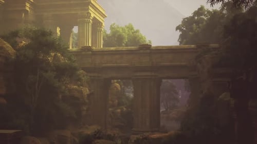Cadre de soirée mystique avec temple vieilli et ambiance ombragée