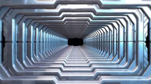 Futuristischer Metallkorridor, der sich bis in die Dunkelheit erstreckt