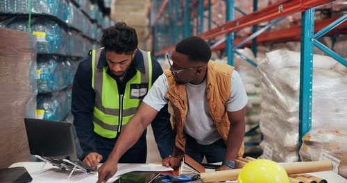 People, meeting and paperwork for shipping in warehouse with supply chain