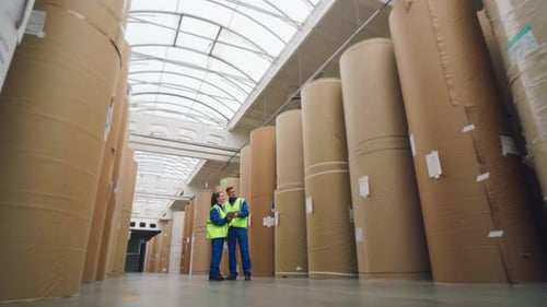 Workers at the Carton Packaging Factory Inspect Paper Rolls in the Warehouse