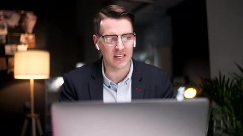 Business Man Talking On Video Conference Online In Office Handsome Worker Having Video Call On