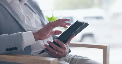 Email, research and hands with a tablet for work, business strategy and inspiration for proposal