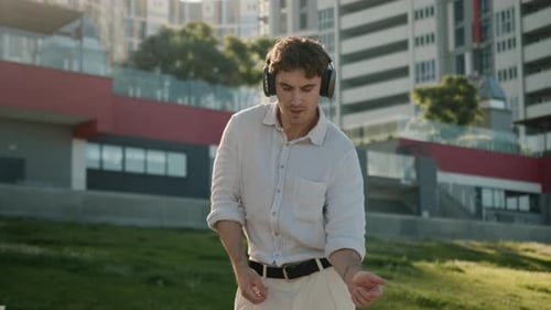 Caucasian Man Dancing Listening Music Headphones Earphones Technology Enjoyment Weekend Relax Sound