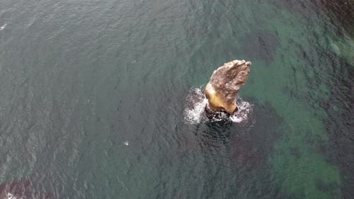 Aerial View on Calm Azure Sea and Volcanic Rocky Shores Small Waves on Water Surface Nature Summer