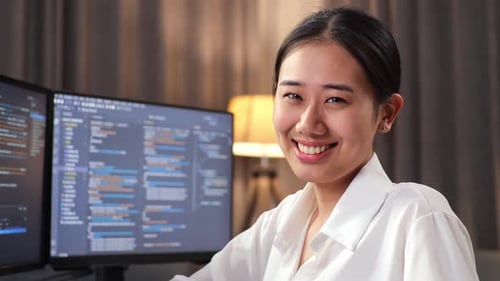 Nahaufnahme einer asiatischen Programmiererin, die in die Kamera lächelt, während sie eine App für die Entwicklung eines Softwareingenieurs erstellt