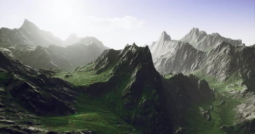 Majestic Mountain Landscape with Lush Greenery Under Soft Sunlight