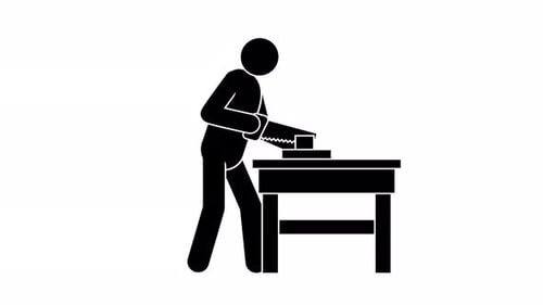 Pictogram of worker working with hand saw on workbench