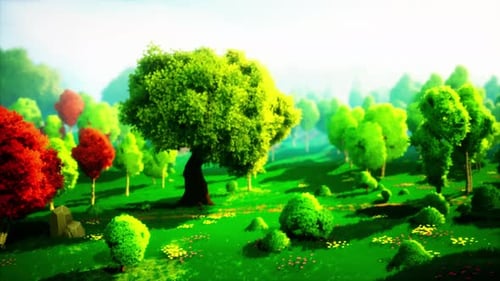 Colorful Cartoon Forest at Sunset