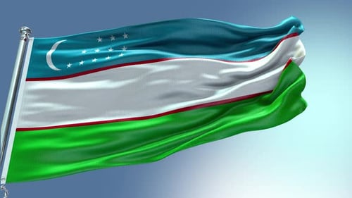 Realistic Uzbekistan Flag Waving in Blue Sky