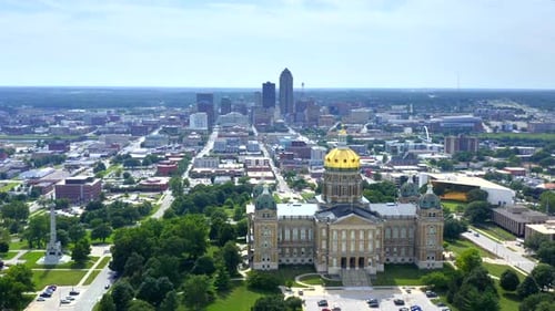 Drone view of des moines Iowa state capitol building in the midwest region