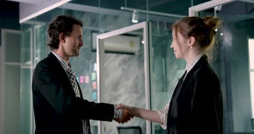 Male and female business professionals shaking hands in office after project discussion. Successful