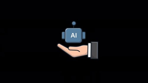 Flat Design Hand Holding Animated AI Robot Icon