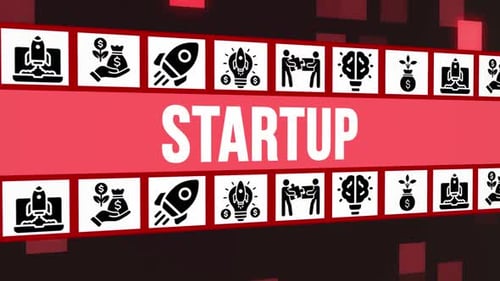 Startup-Konzept mit Icons auf digitalem Hintergrund