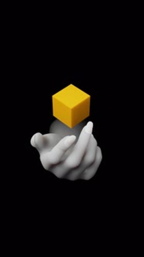 3D Stylized Hand with Floating Rotating Yellow Cube Animation