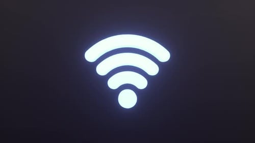 Glowing light blue neon Wi Fi symbol, wireless networking digital hi tech innovation concept