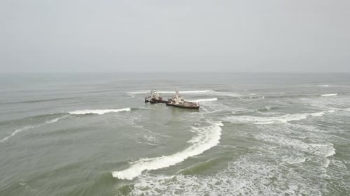 Drone View Shipwreck Off the Atlantic Ocean Coast of Africa Namibia
