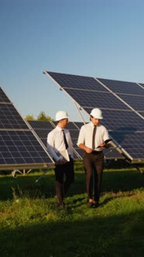 Engineers Walk Through Solar Panel Station Discussing Progress