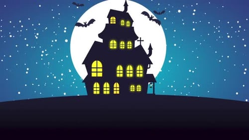 Flat Design Halloween Haunted House with Flying Bats Animation