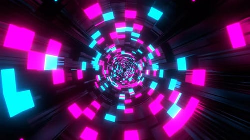 Cyan And Pink Sci Fi Tunnel With Neon Squares Background VJ Loop l 4K