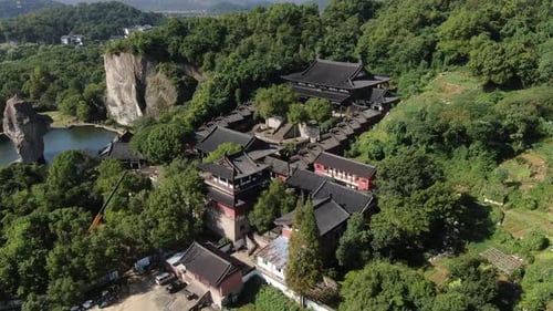 Aerial View of the Scenic Beauty of Ke Yan Scenic Area and the Surrounding Ancient Town in Shaoxing