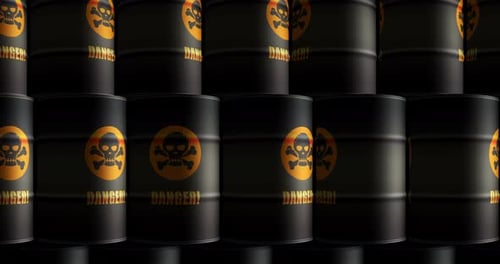 Danger warning with skull symbol barrels in row endless footage