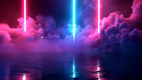Neon lights pierce through clouds over water