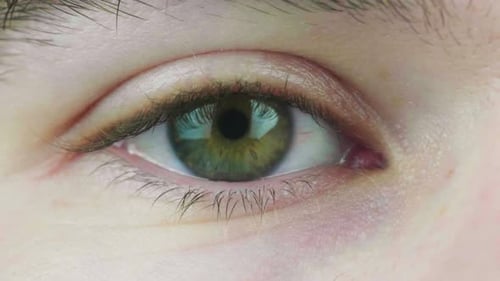 4K Cinematic slow motion macro shot of a green eye, with blue and brown flecks, opening and looking